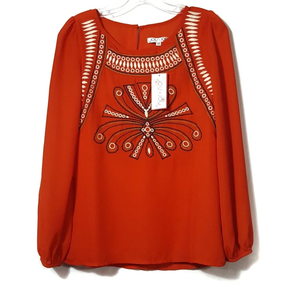 JOYJOY Embroidered Blouse Bohemian Office Orange Pumpkin NWT - Picture 2 of 8